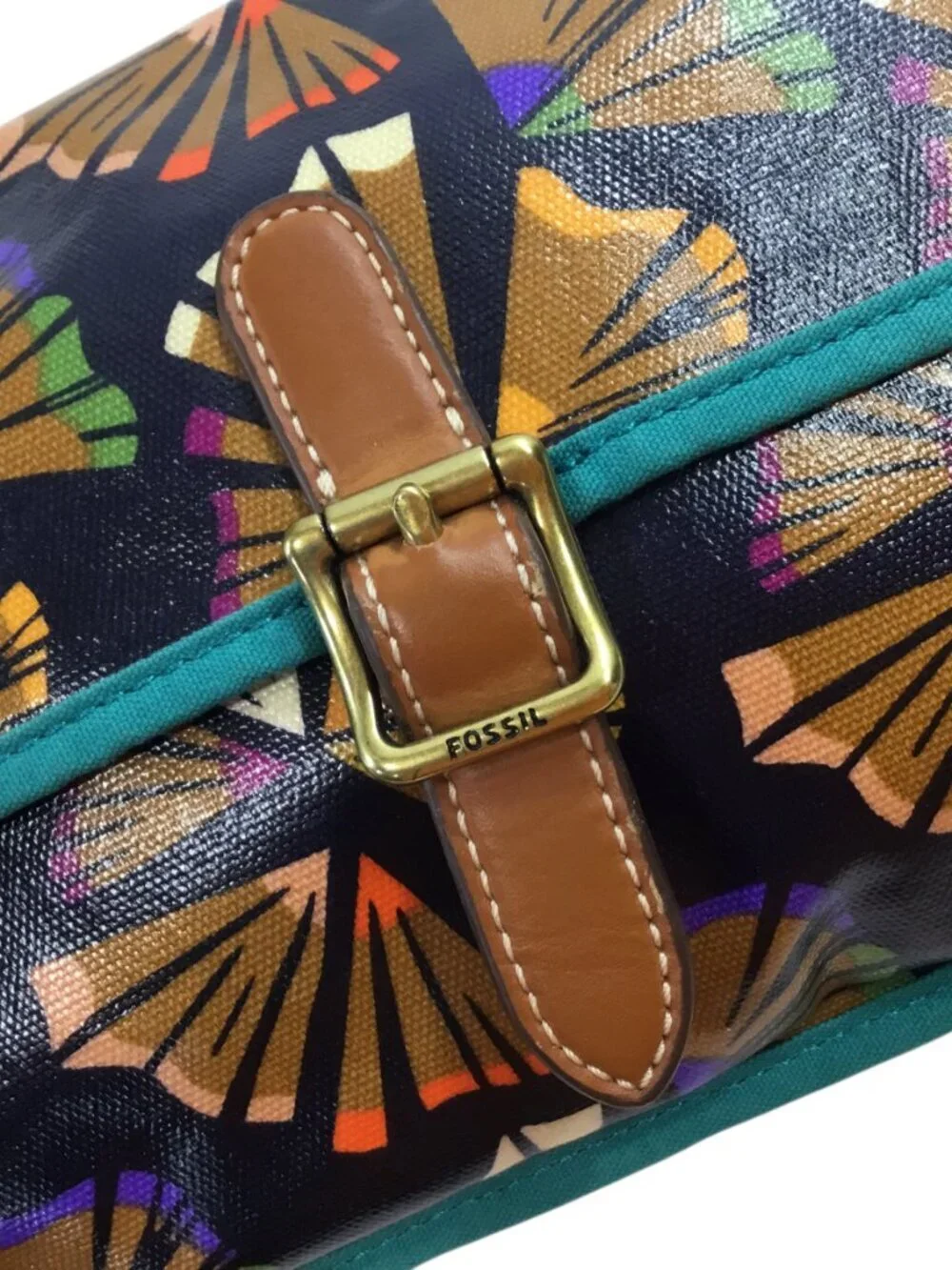 Fossil Crossbody Waxed Coated Canvas Purse Bag Colored Pencil Shavings Teal Trim